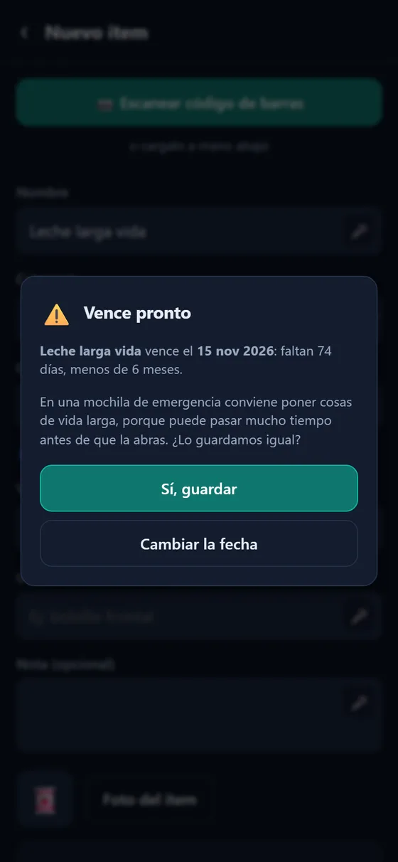 Aviso de MOCHI al guardar un alimento que vence en menos de seis meses