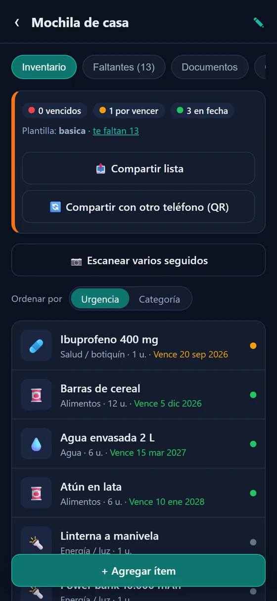 Inventario de una mochila, ordenado por urgencia de vencimiento