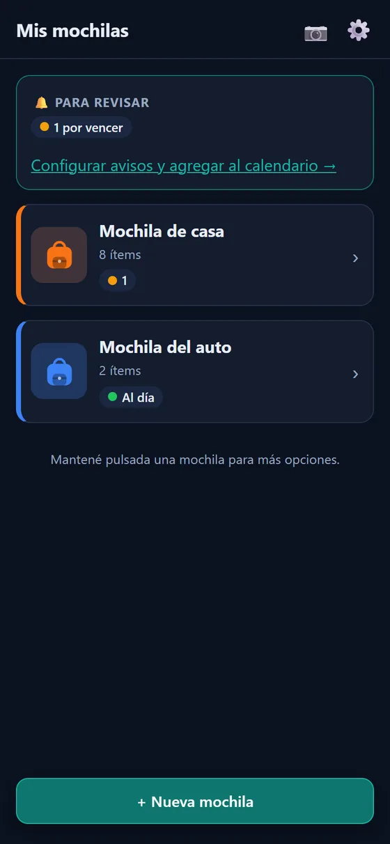 Pantalla principal de MOCHI con dos mochilas y su estado de vencimientos