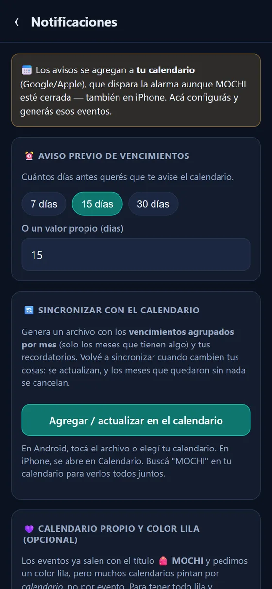 Pantalla de notificaciones y recordatorios de MOCHI
